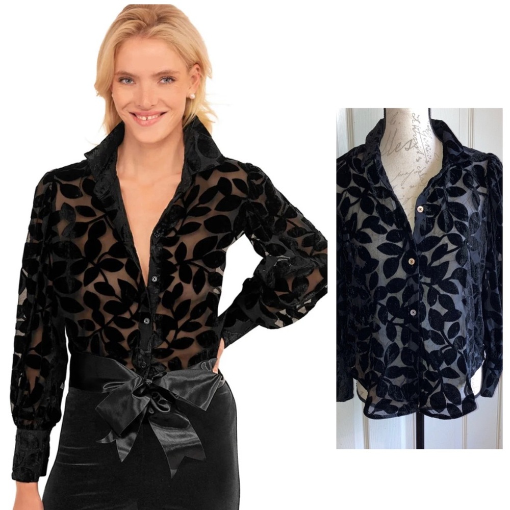 Gretchen Scott Sumptuous Burnout Velvet Black Luxe Leaf Top Blouse XS